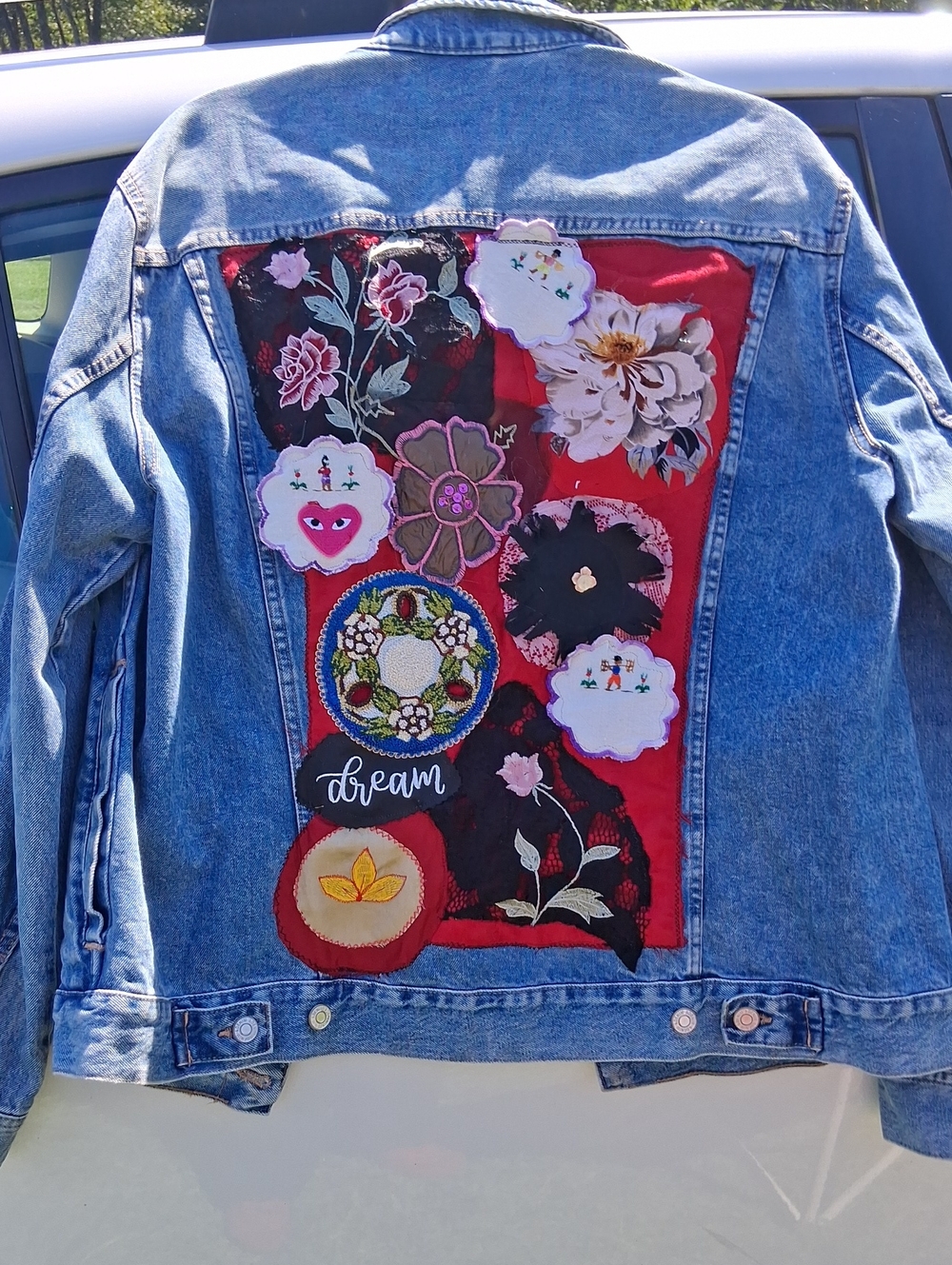 Women's H&M LOGG Blue OVERSIZED S Denim Jacket w BOHORed Floral Patchwork Back